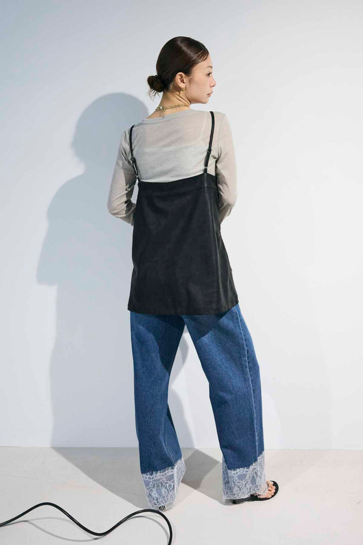 [予約/SET]シアーロンT×フェイクレザーキャミセット+レースデニムパンツ(2set)