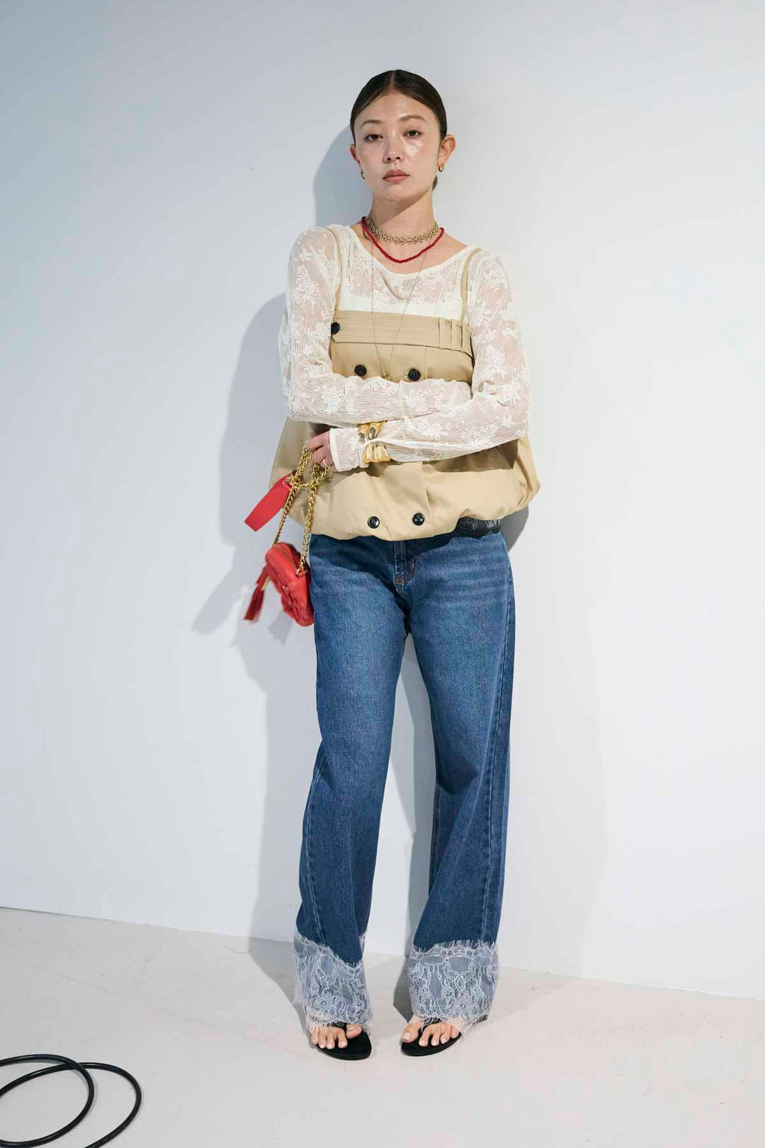 [予約/SET]トレンチディティールバルーンキャミ+ウェーブレースプルオーバー(2set)