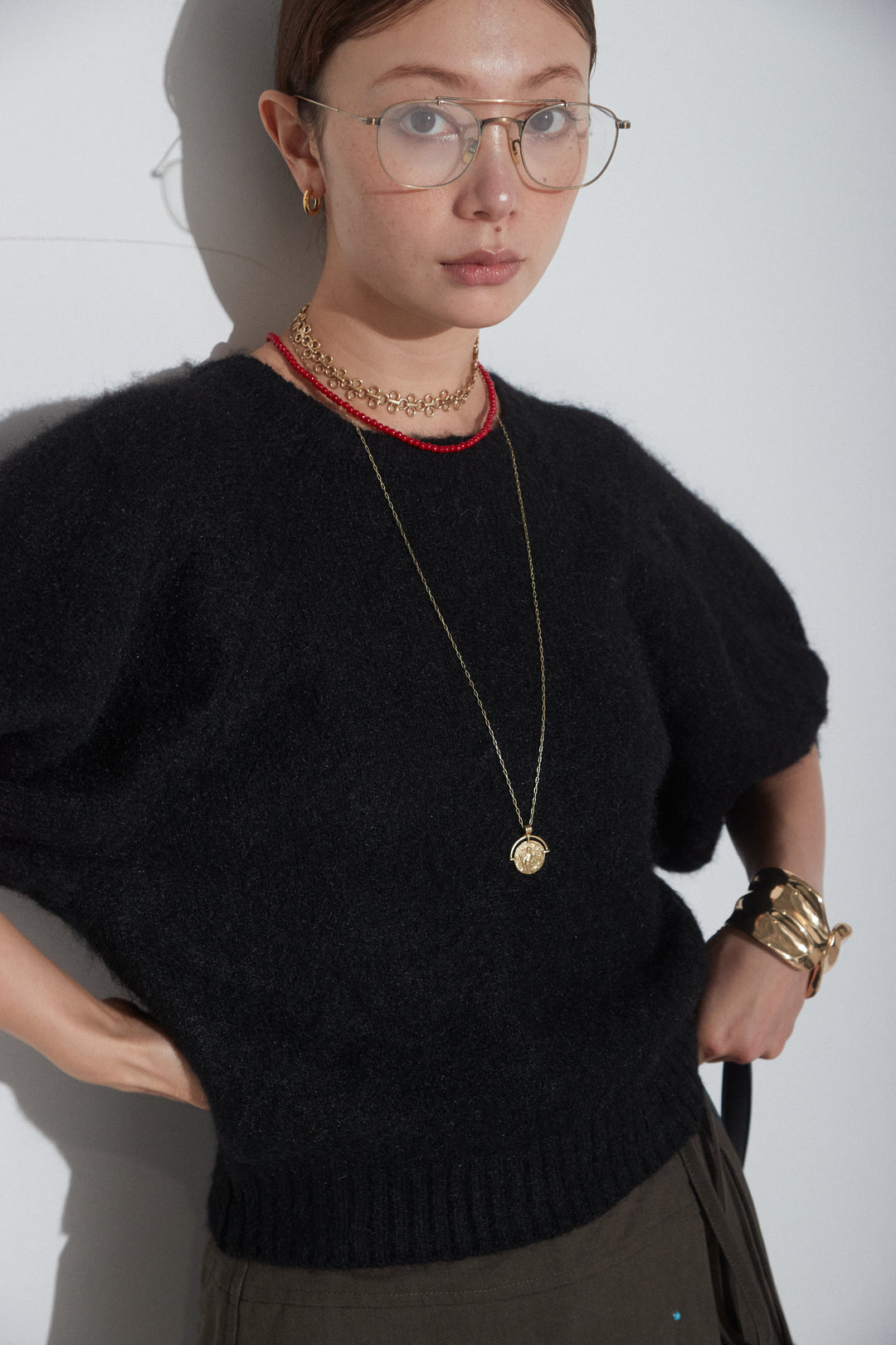[予約/SET]モヘアタッチボリュームミドル袖PO+ビジュー付きラップパンツ(2set)