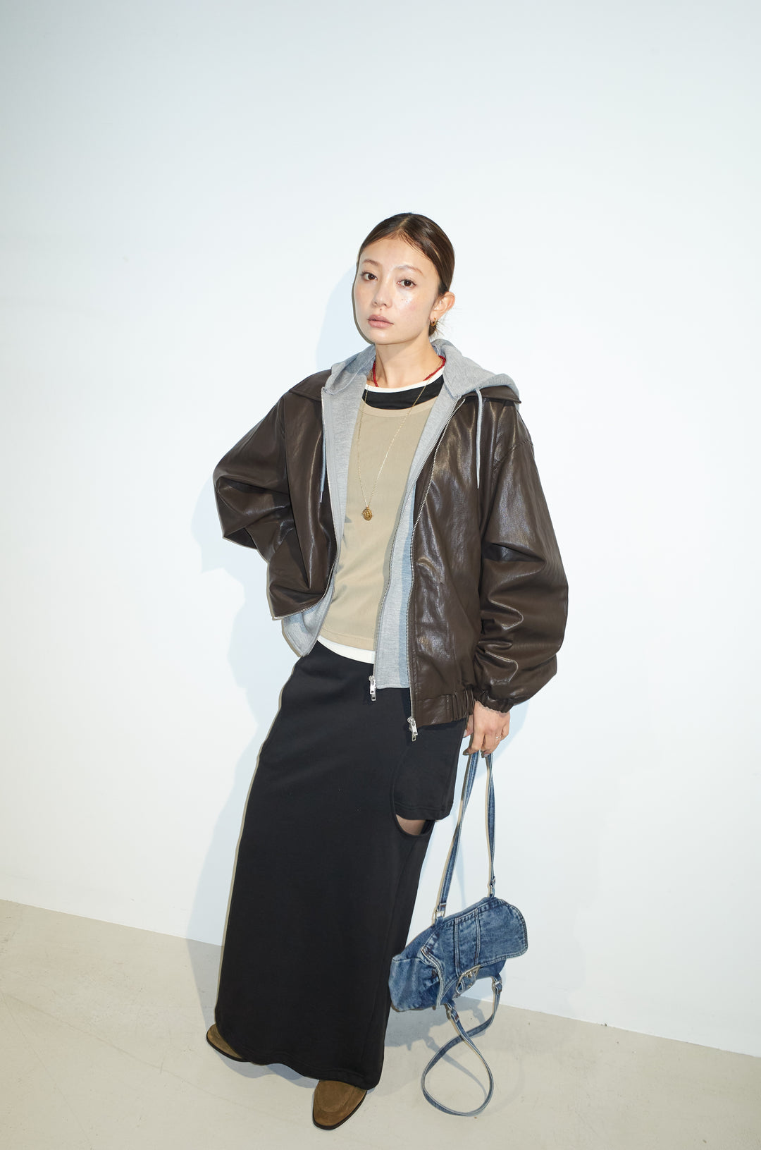 [予約/SET]2WAYデタッチャブルフードフェイクレザーブルゾン+レイヤード風ロングスリーブTシャツ＆シアータンクSET+裏毛スウェットレイヤードスカート(3set)