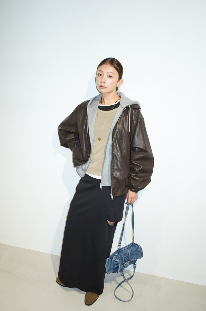 [予約/SET]2WAYデタッチャブルフードフェイクレザーブルゾン+レイヤード風ロングスリーブTシャツ＆シアータンクSET+裏毛スウェットレイヤードスカート(3set)