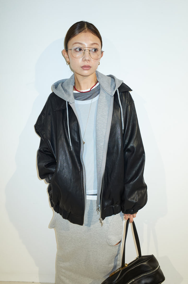 [予約/SET]2WAYデタッチャブルフードフェイクレザーブルゾン+レイヤード風ロングスリーブTシャツ＆シアータンクSET+裏毛スウェットレイヤードスカート(3set)