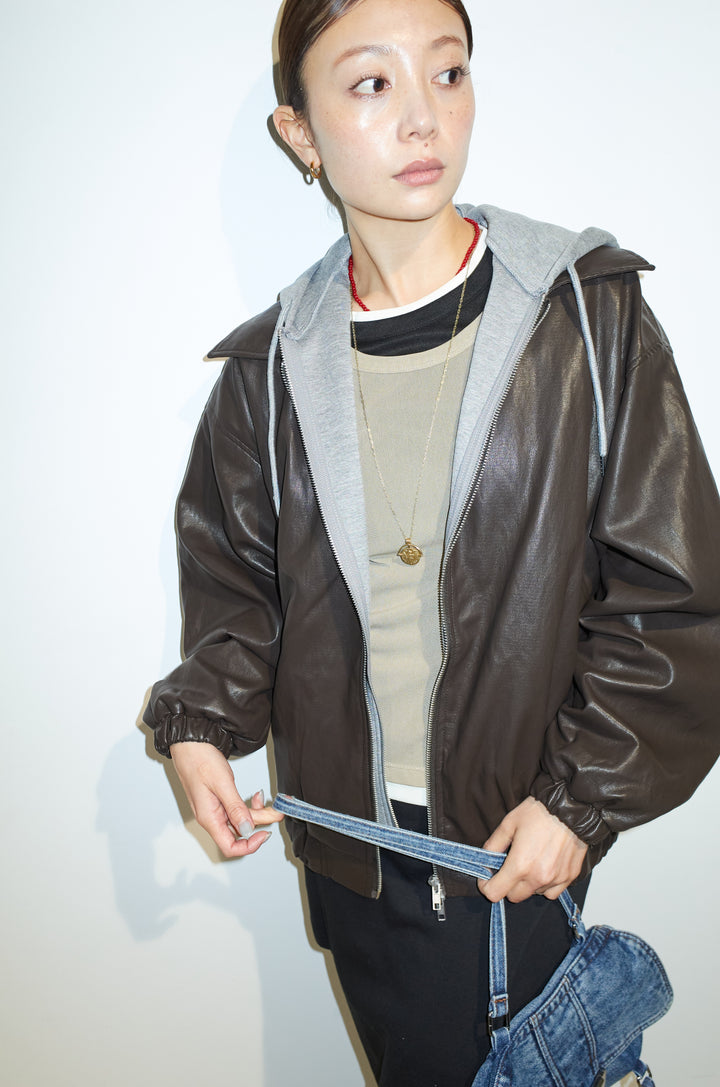 [予約/SET]2WAYデタッチャブルフードフェイクレザーブルゾン+レイヤード風ロングスリーブTシャツ＆シアータンクSET+裏毛スウェットレイヤードスカート(3set)