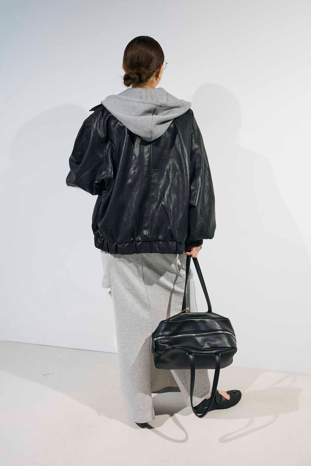 [予約/SET]2WAYデタッチャブルフードフェイクレザーブルゾン+レイヤード風ロングスリーブTシャツ＆シアータンクSET+裏毛スウェットレイヤードスカート(3set)