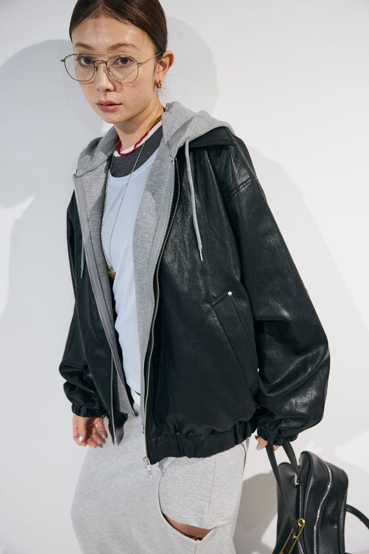 [予約/SET]2WAYデタッチャブルフードフェイクレザーブルゾン+レイヤード風ロングスリーブTシャツ＆シアータンクSET+裏毛スウェットレイヤードスカート(3set)
