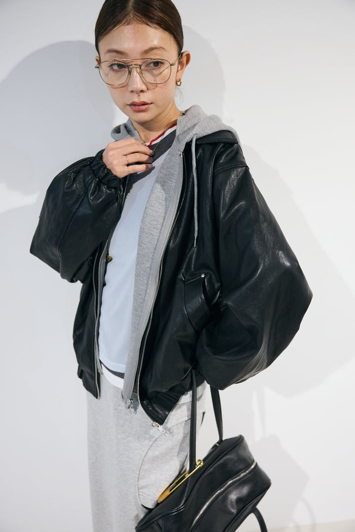[予約/SET]2WAYデタッチャブルフードフェイクレザーブルゾン+レイヤード風ロングスリーブTシャツ＆シアータンクSET+裏毛スウェットレイヤードスカート(3set)