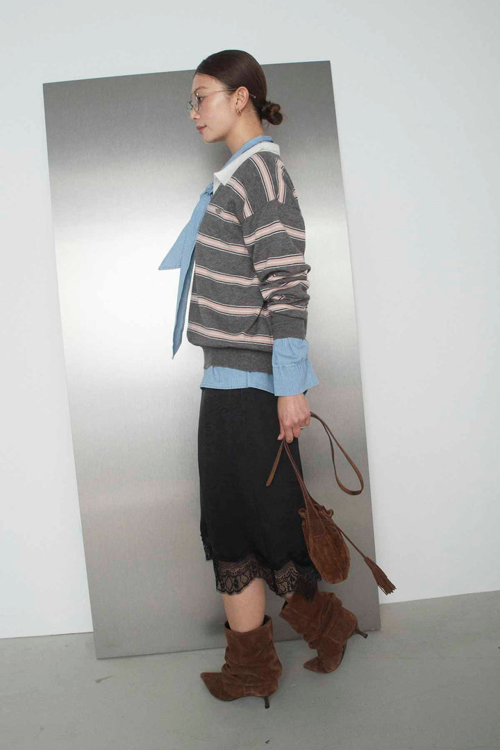 [予約/SET]カラーブロックボーダーポロニットPO+ヒッコリーストライプボウタイシャツ(2set)