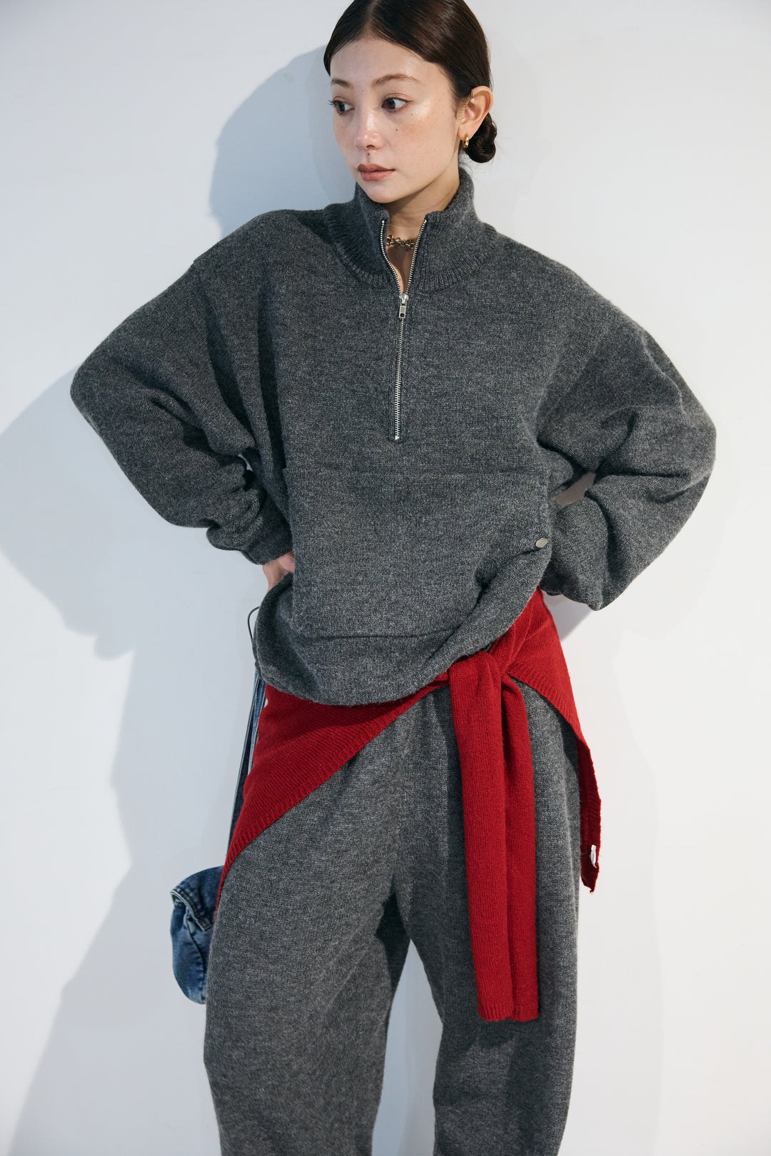 [予約/SET]ハーフジップニットプルオーバー+ドロストニットワイドパンツ(2set)
