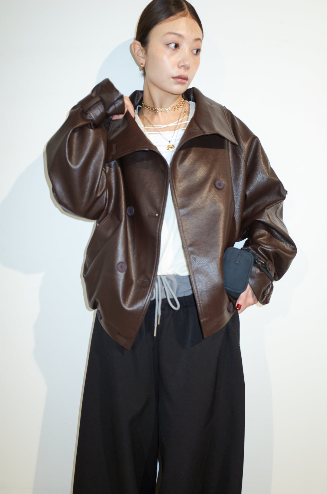 [予約/SET]バルーンシルエットフェイクレザーJK+レースアップルーズサーマルトップス+コンビウエストワイドバルーンパンツ(3set)