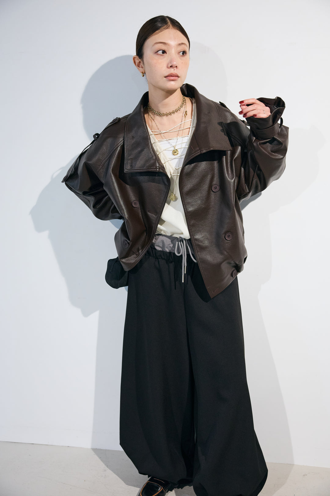 [予約/SET]バルーンシルエットフェイクレザーJK+レースアップルーズサーマルトップス+コンビウエストワイドバルーンパンツ(3set)