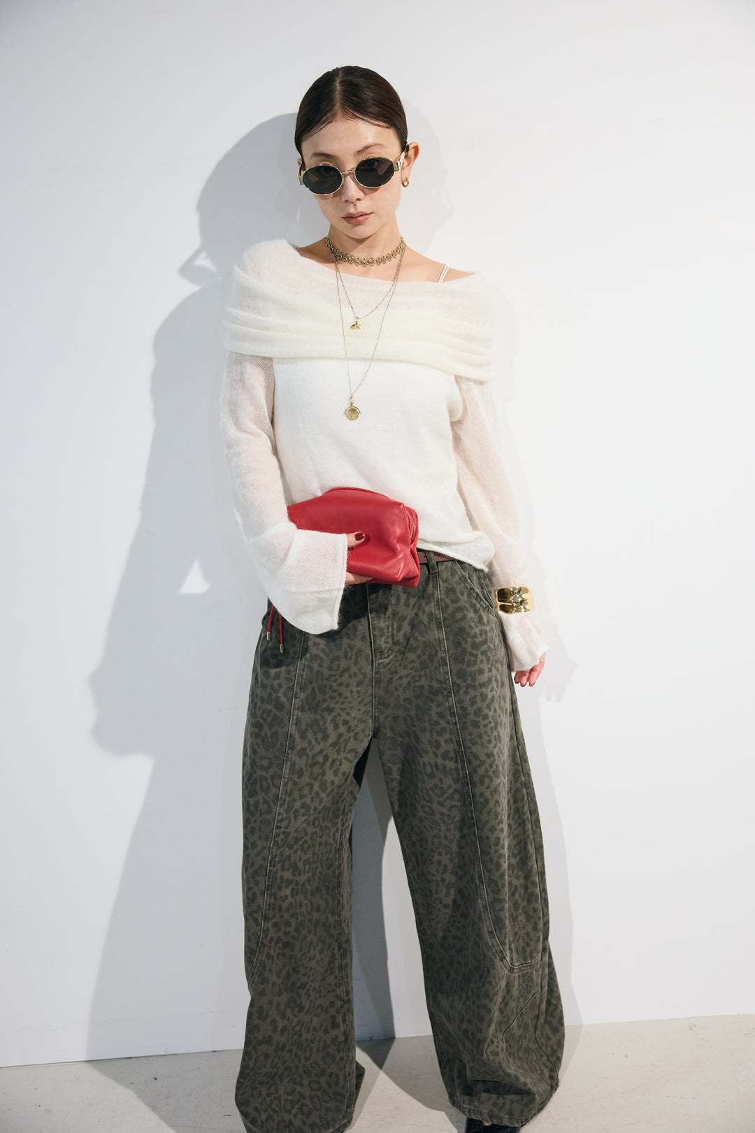 [予約/SET]ドレープオフショルモヘアニット+レオパード柄カーブワイドパンツ(2set)