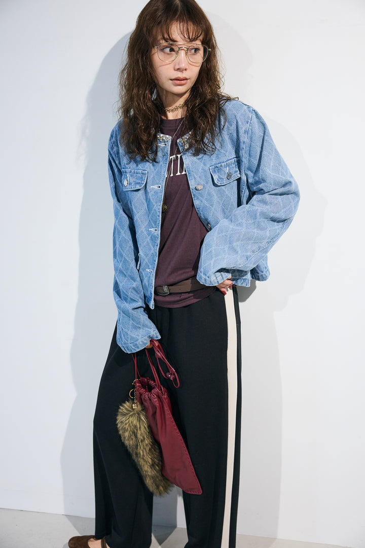 [予約/SET]ビジュートリムノーカラーデニムジャケット+ダンボールニットサイドラインパンツ(2set)
