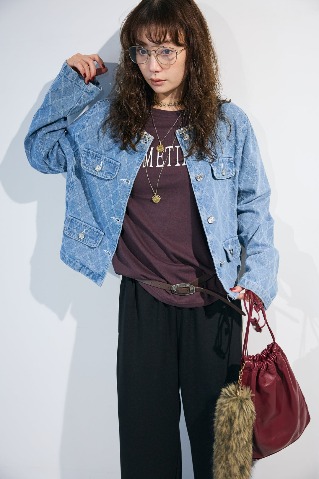 [予約/SET]ビジュートリムノーカラーデニムジャケット+ダンボールニットサイドラインパンツ(2set)