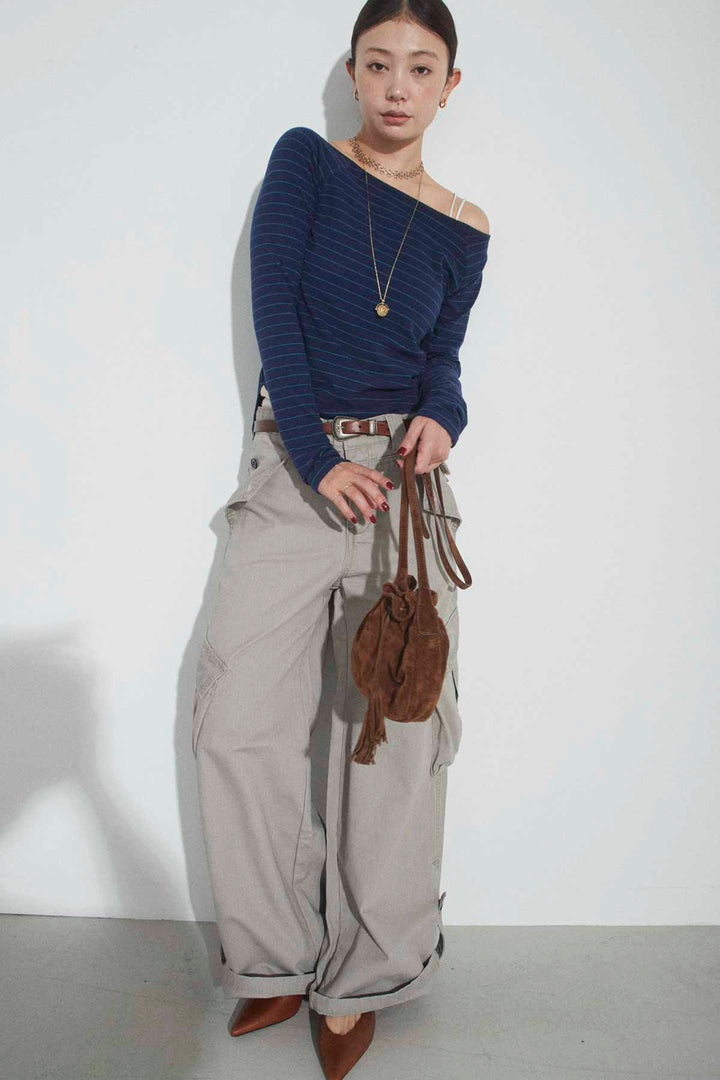 [予約/SET]オフショル風フリースボーダーTOP+マルチポケットワイドカーゴパンツ(2set)