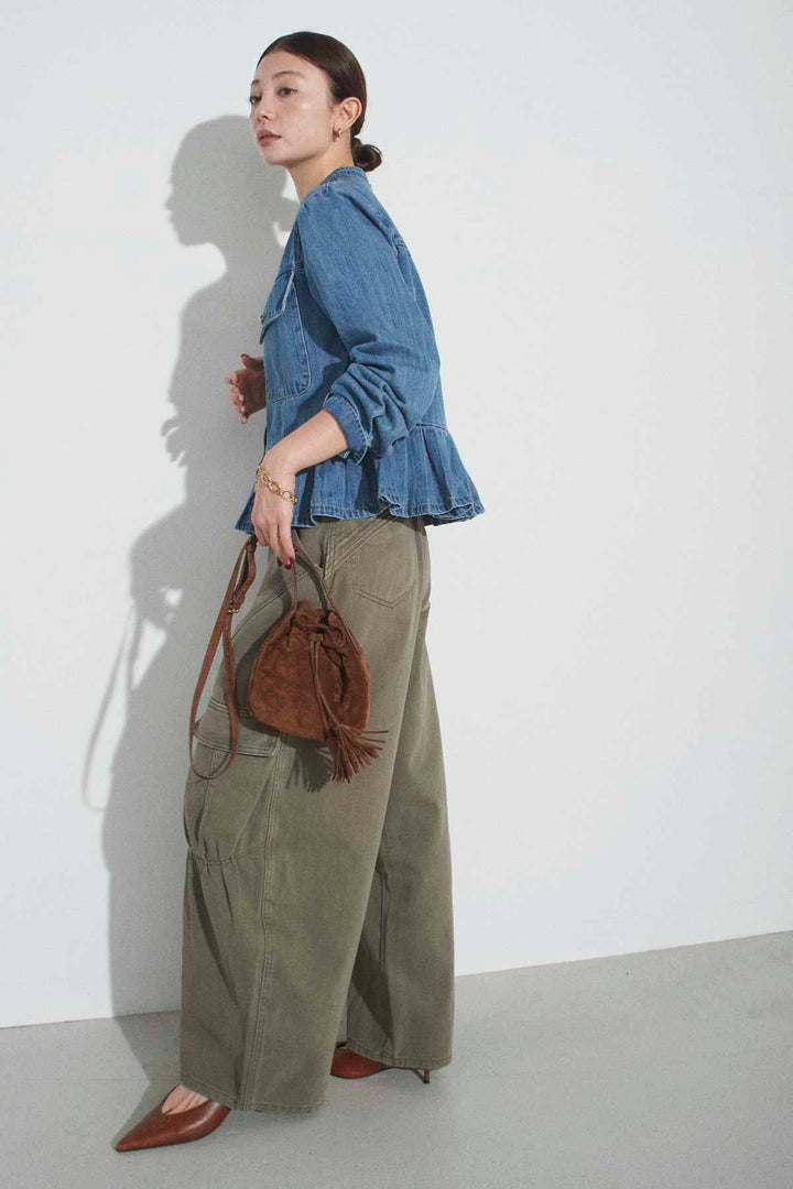 [予約/SET]プリーツペプラムデニムジャケット+ベルトSETギャザーカーゴワイドパンツ(2set)