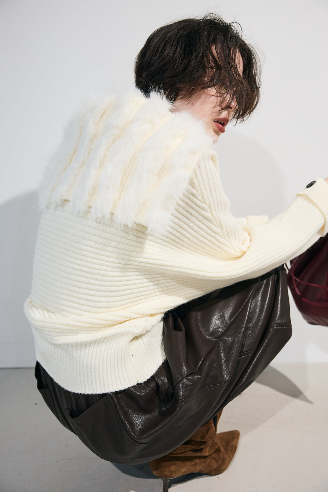 [予約/SET]ファーコンビセーラーニットブルゾン+ベルト付きフェイクレザーハーフパンツ(2set)
