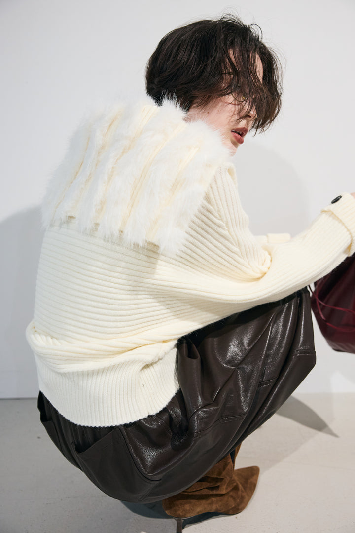 [予約/SET]ファーコンビセーラーニットブルゾン+ベルト付きフェイクレザーハーフパンツ(2set)