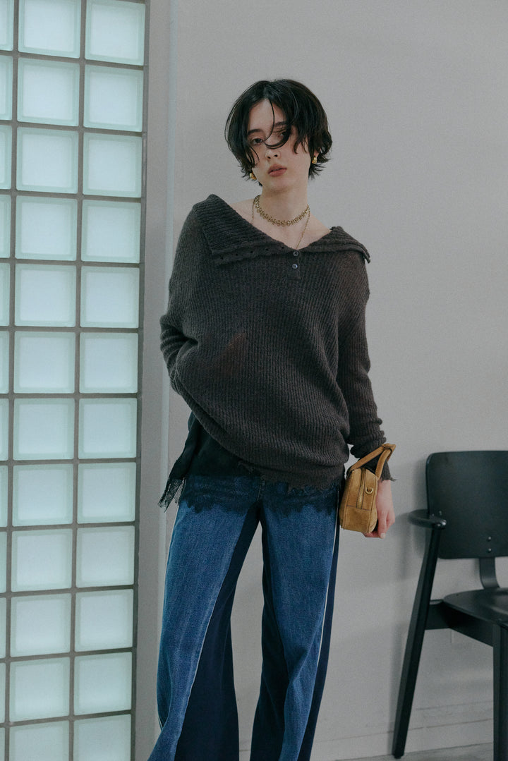 [予約/SET]アシメボタンネックダメージニット+デニムドッキングスウェットワイドパンツ(2set)