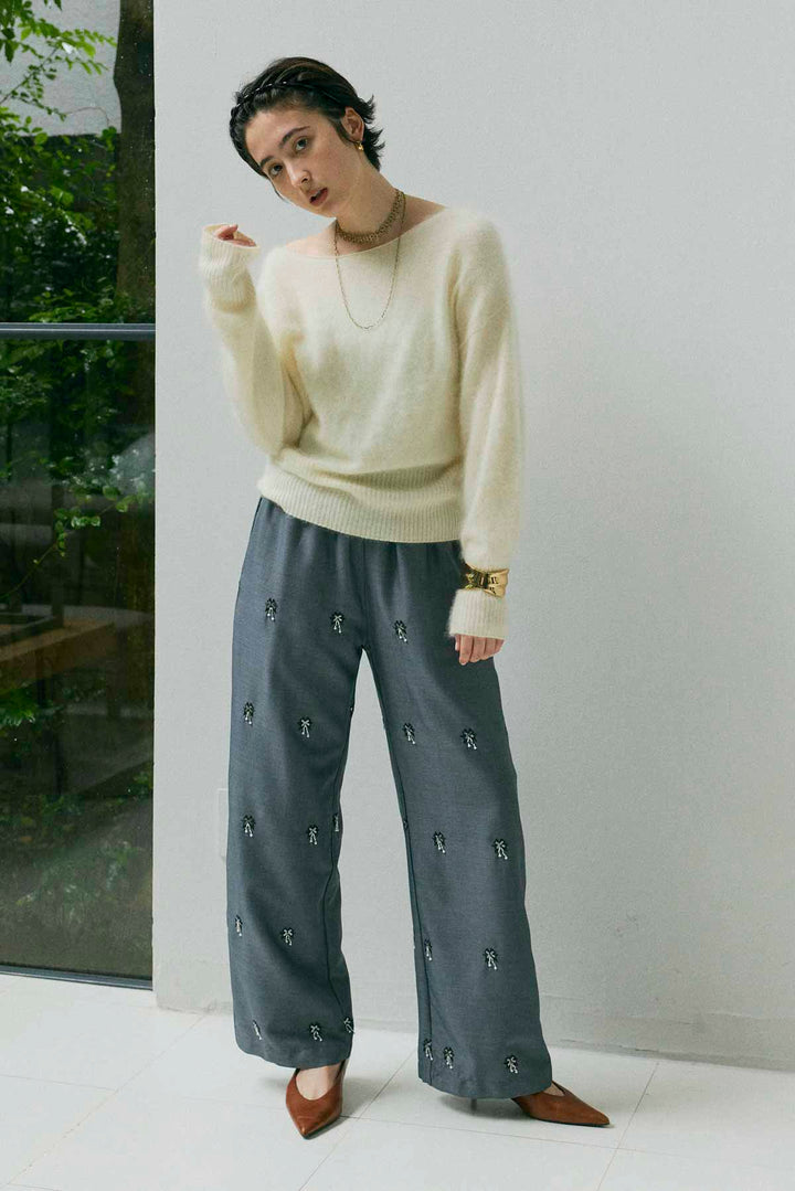 [予約/SET]ヘアリーボートネックニットプルオーバー+総ビーズ刺繍パンツ(2set)