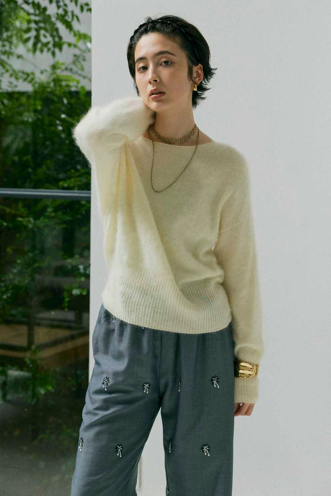 [予約/SET]ヘアリーボートネックニットプルオーバー+総ビーズ刺繍パンツ(2set)