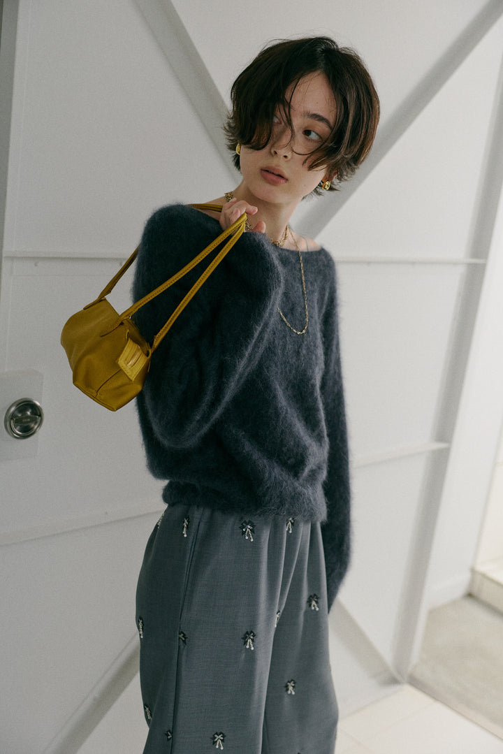 [予約/SET]ヘアリーボートネックニットプルオーバー+総ビーズ刺繍パンツ(2set)