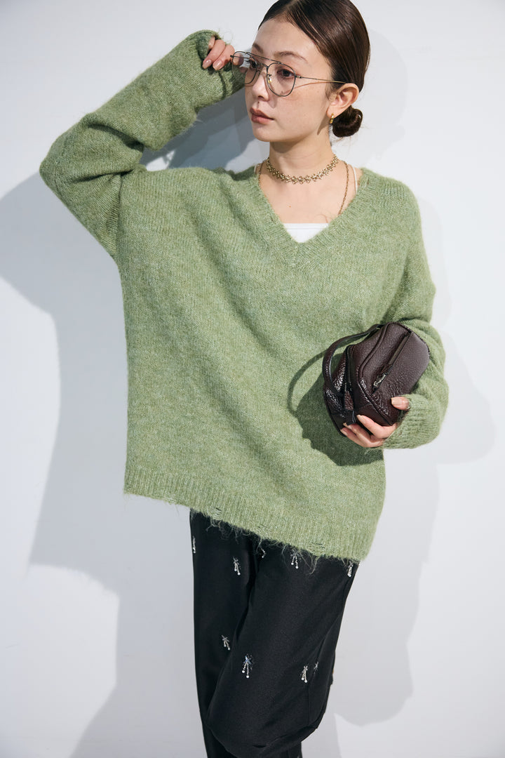 [予約/SET]モヘアライクルーズVネックダメージニット+総ビーズ刺繍パンツ(2set)