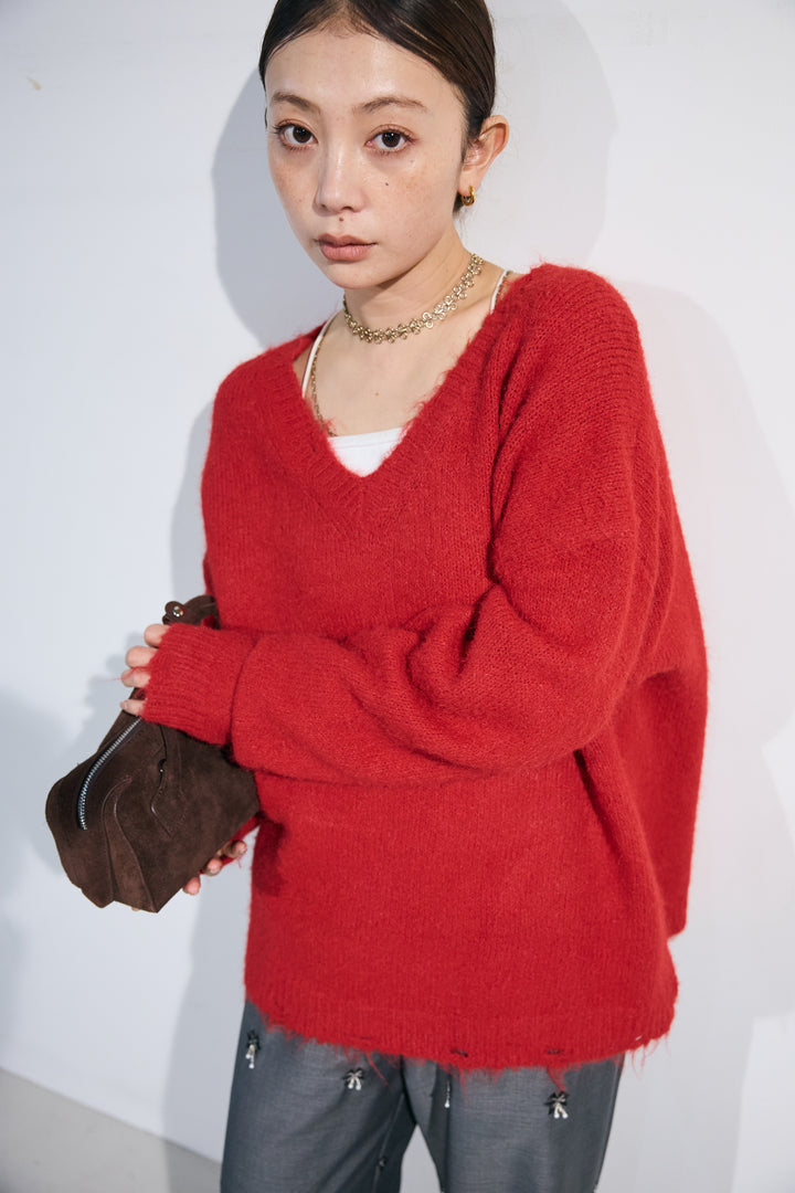 [予約]モヘアライクルーズVネックダメージニット