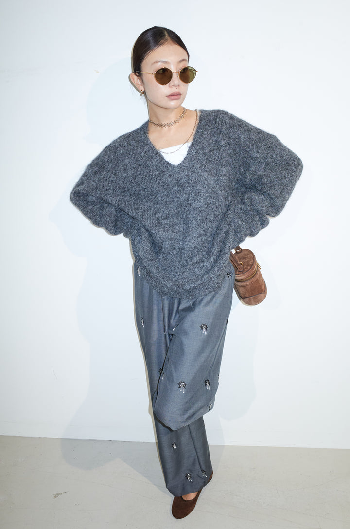 [予約/SET]モヘアライクルーズVネックダメージニット+総ビーズ刺繍パンツ(2set)