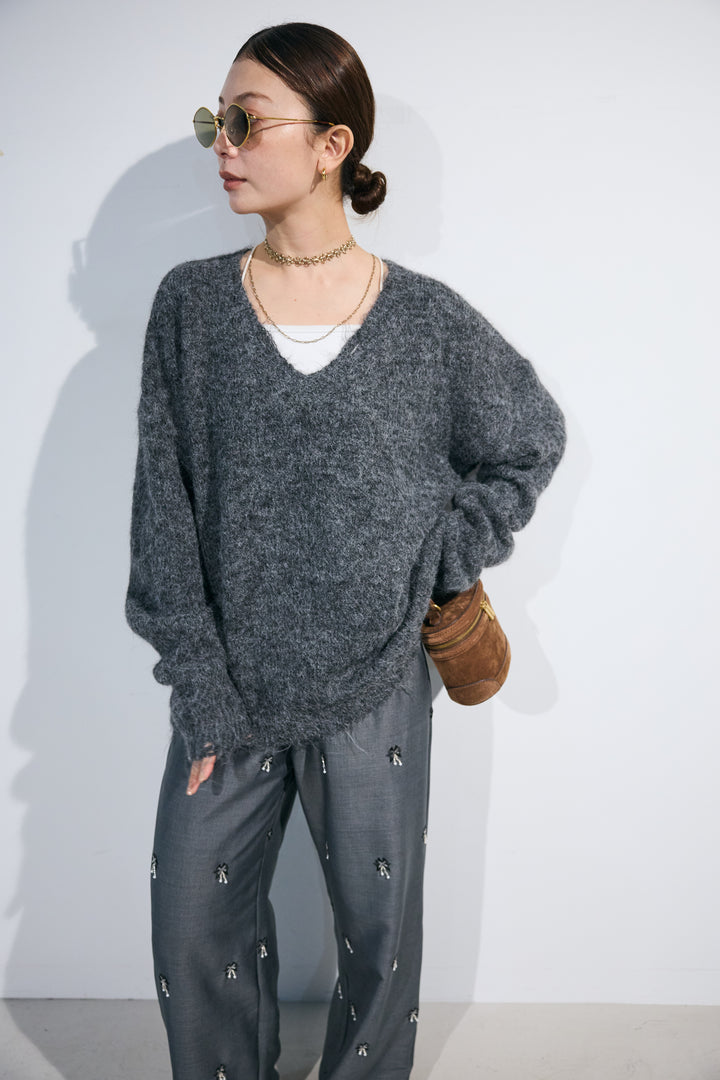 [予約/SET]モヘアライクルーズVネックダメージニット+総ビーズ刺繍パンツ(2set)