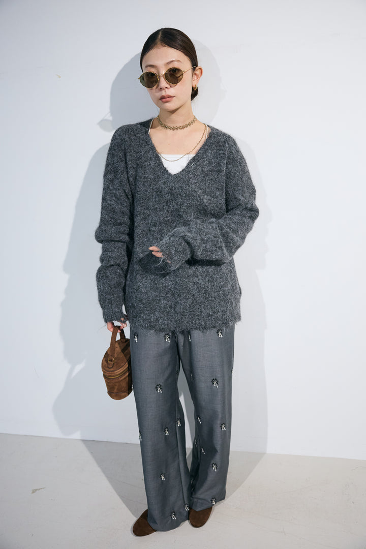 [予約/SET]モヘアライクルーズVネックダメージニット+総ビーズ刺繍パンツ(2set)