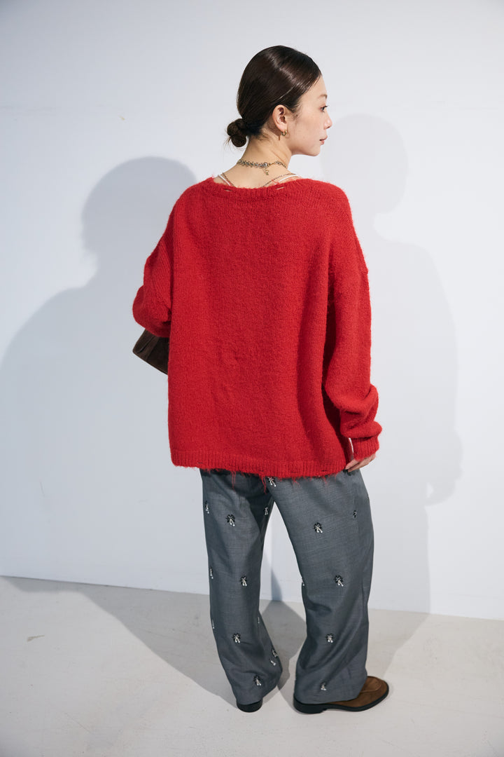 [予約/SET]モヘアライクルーズVネックダメージニット+総ビーズ刺繍パンツ(2set)