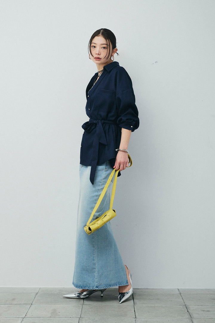 [予約/SET]ライトツイードベルト付シャツ+シアーテレコヘンリーネックPO+ダブルウエストデニムスカート(3set)