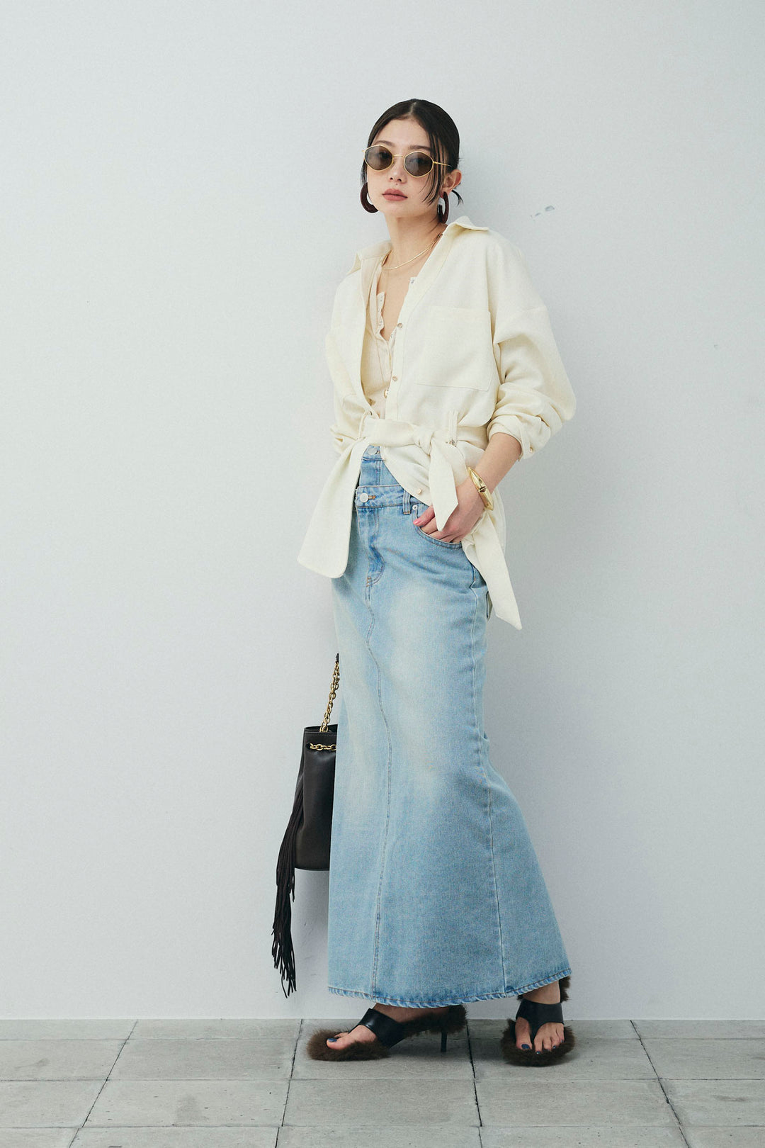 [予約/SET]ライトツイードベルト付シャツ+シアーテレコヘンリーネックPO+ダブルウエストデニムスカート(3set)