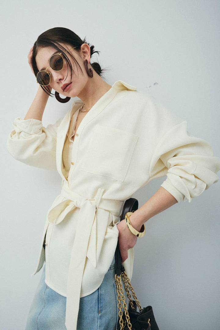 [予約/SET]ライトツイードベルト付シャツ+シアーテレコヘンリーネックPO+ダブルウエストデニムスカート(3set)