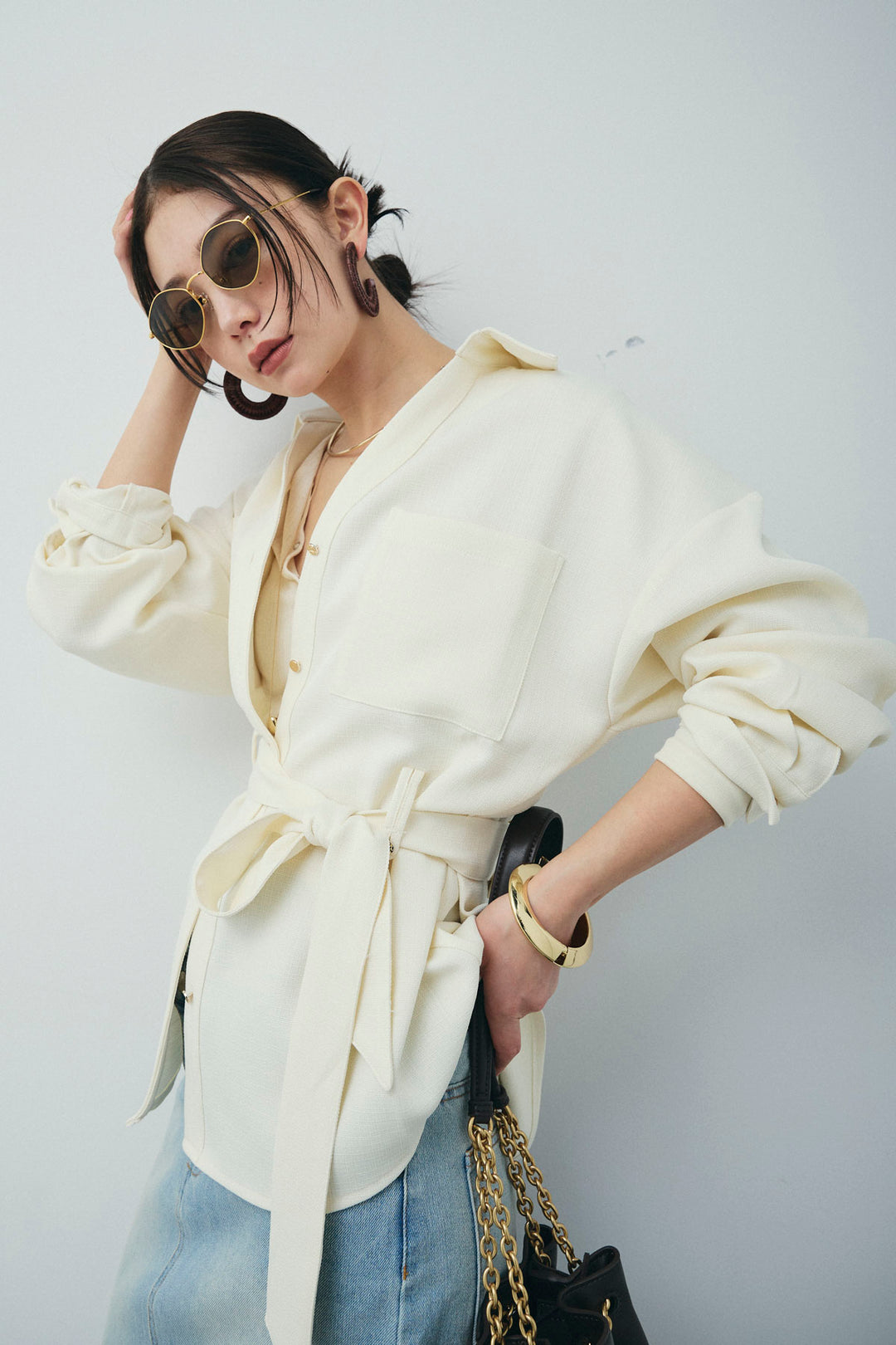 [予約/SET]ライトツイードベルト付シャツ+ダブルウエストデニムスカート(2set)