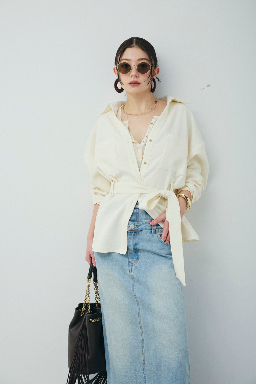 [予約/SET]ライトツイードベルト付シャツ+シアーテレコヘンリーネックPO+ダブルウエストデニムスカート(3set)