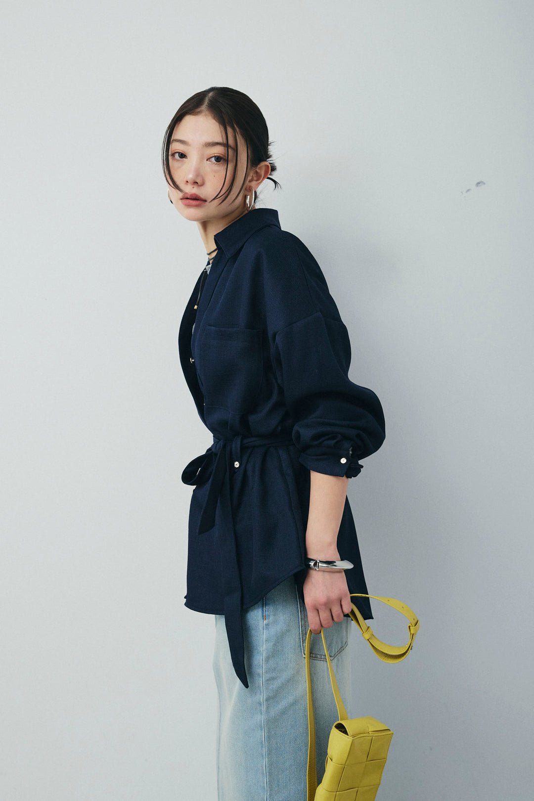 [予約/SET]ライトツイードベルト付シャツ+ダブルウエストデニムスカート(2set)