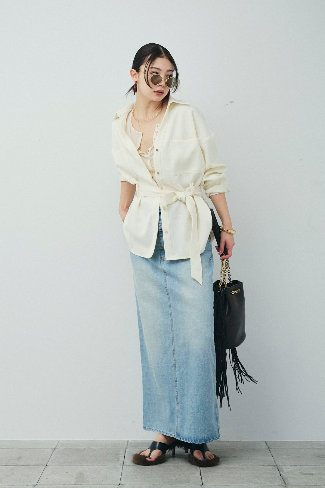 [予約/SET]ライトツイードベルト付シャツ+シアーテレコヘンリーネックPO+ダブルウエストデニムスカート(3set)