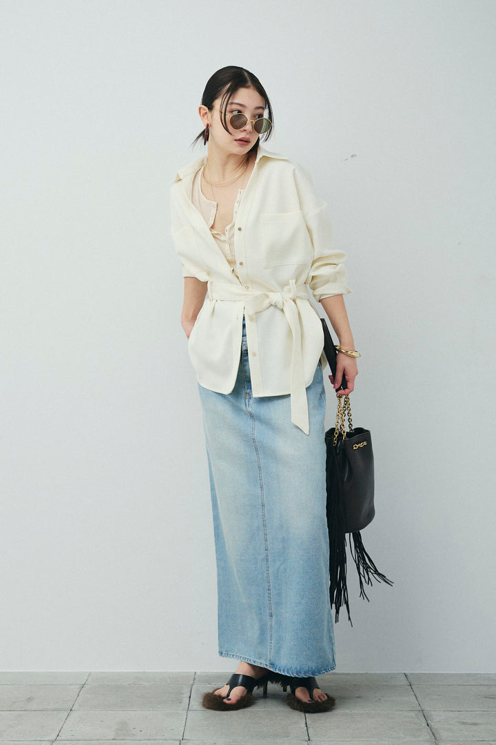 [予約/SET]ライトツイードベルト付シャツ+シアーテレコヘンリーネックPO+ダブルウエストデニムスカート(3set)