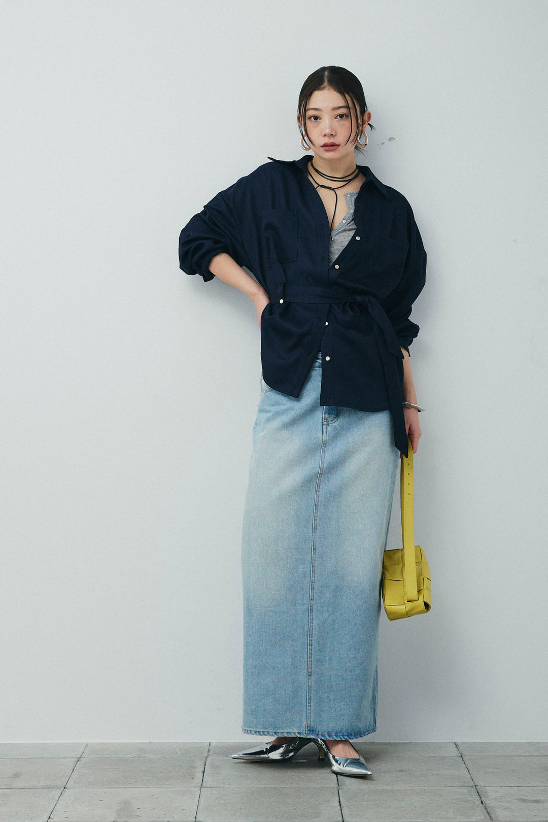 [予約/SET]ライトツイードベルト付シャツ+ダブルウエストデニムスカート(2set)