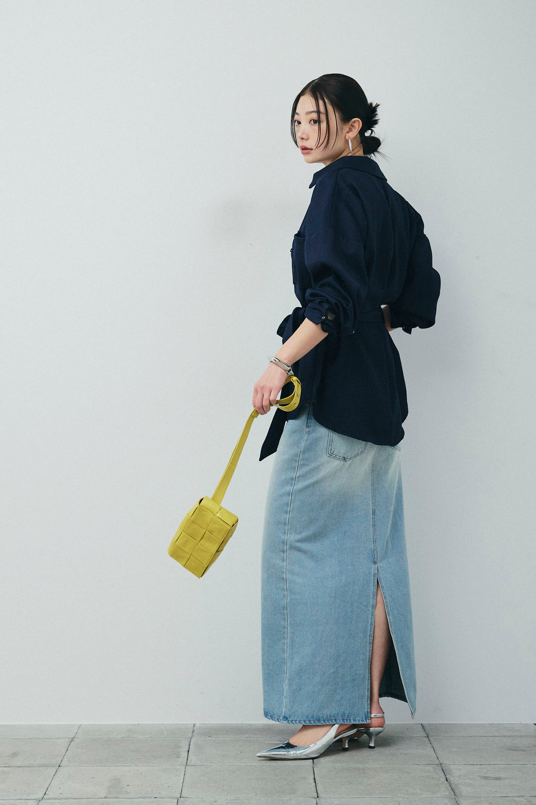 [予約/SET]ライトツイードベルト付シャツ+シアーテレコヘンリーネックPO+ダブルウエストデニムスカート(3set)