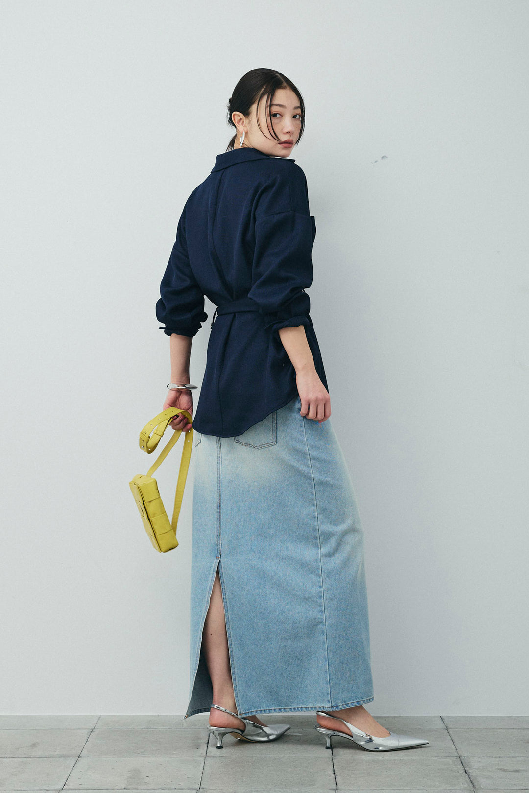 [予約/SET]ライトツイードベルト付シャツ+ダブルウエストデニムスカート(2set)