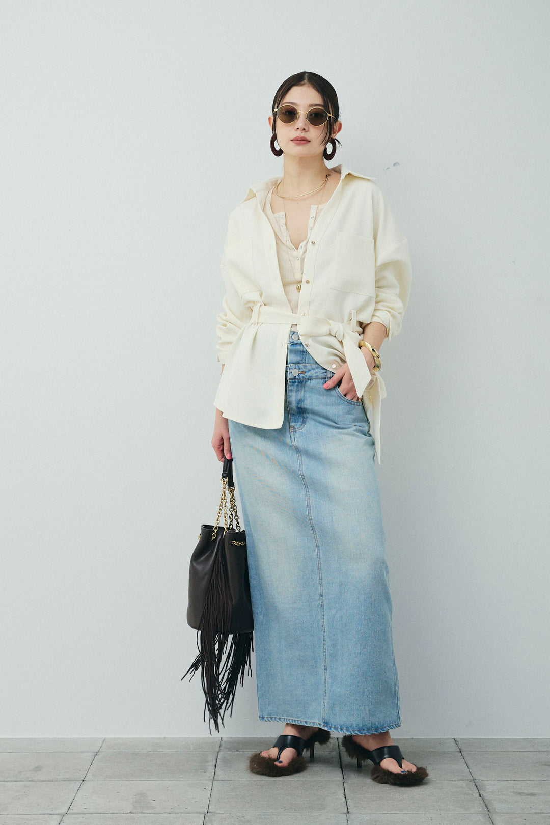 [予約/SET]ライトツイードベルト付シャツ+ダブルウエストデニムスカート(2set)