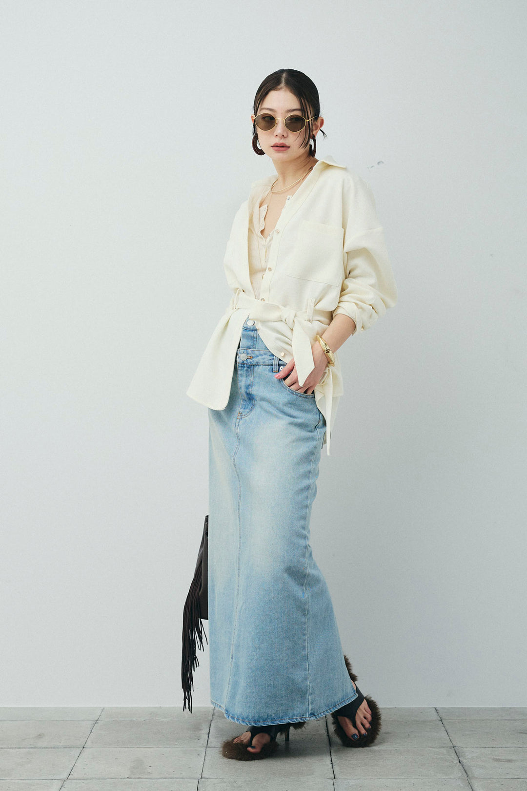 [予約/SET]ライトツイードベルト付シャツ+シアーテレコヘンリーネックPO+ダブルウエストデニムスカート(3set)