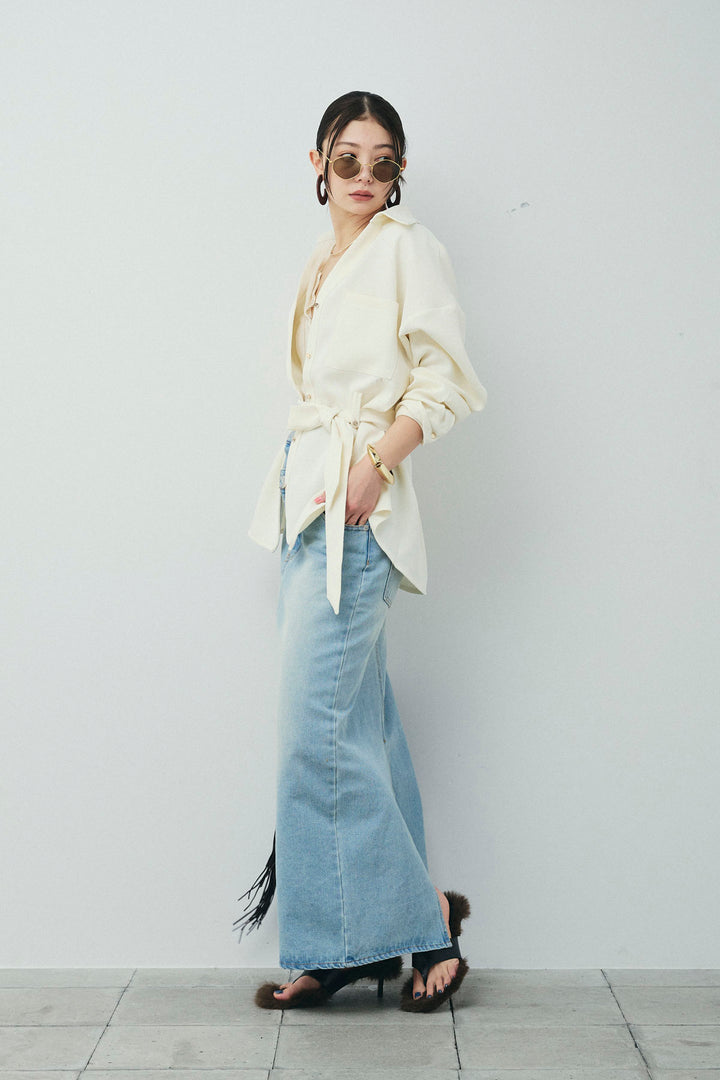 [予約/SET]ライトツイードベルト付シャツ+シアーテレコヘンリーネックPO+ダブルウエストデニムスカート(3set)