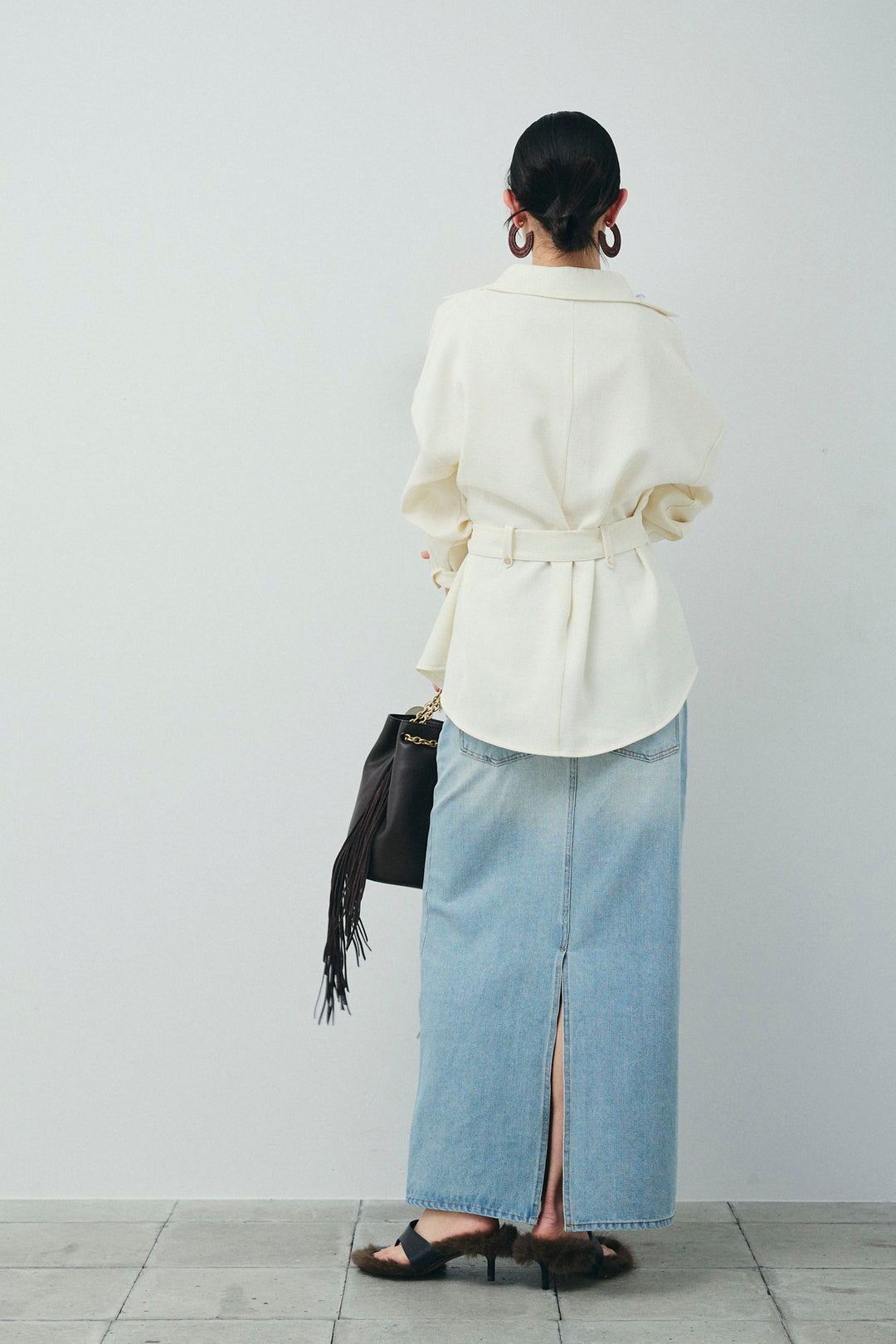 [予約/SET]ライトツイードベルト付シャツ+ダブルウエストデニムスカート(2set)