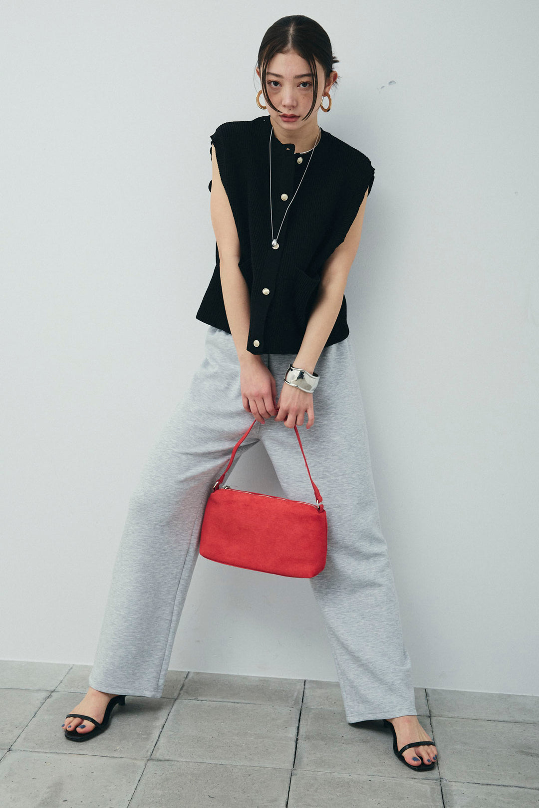 [予約/SET]畦編み金釦ルーズベスト+ストレートスウェットパンツ(2set)