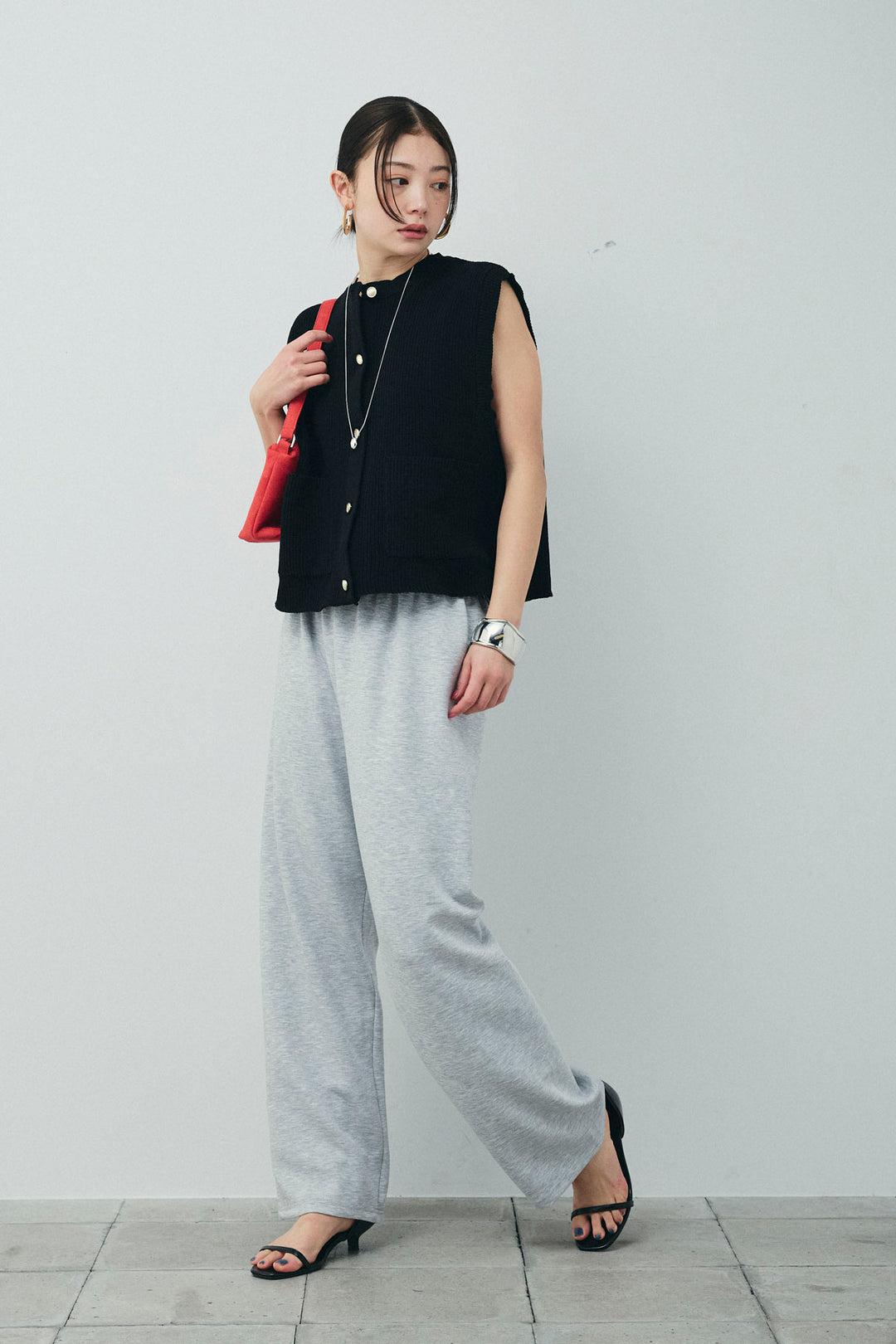 [予約/SET]畦編み金釦ルーズベスト+ストレートスウェットパンツ(2set)