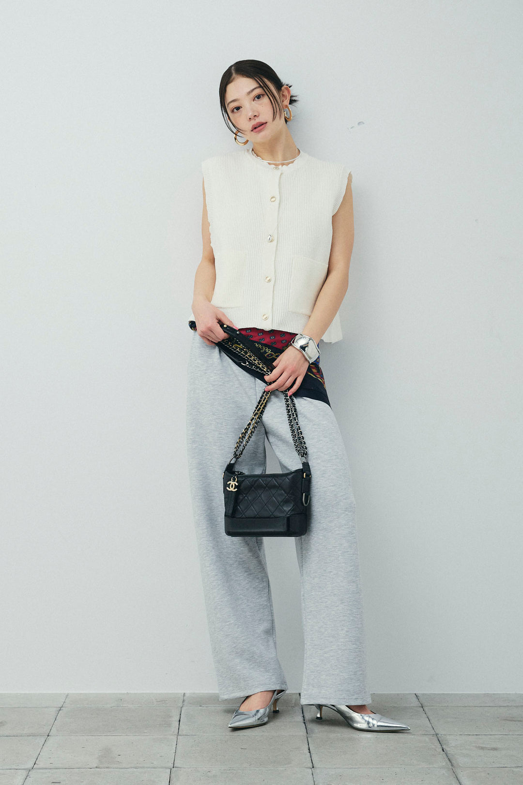 [予約/SET]畦編み金釦ルーズベスト+ストレートスウェットパンツ(2set)