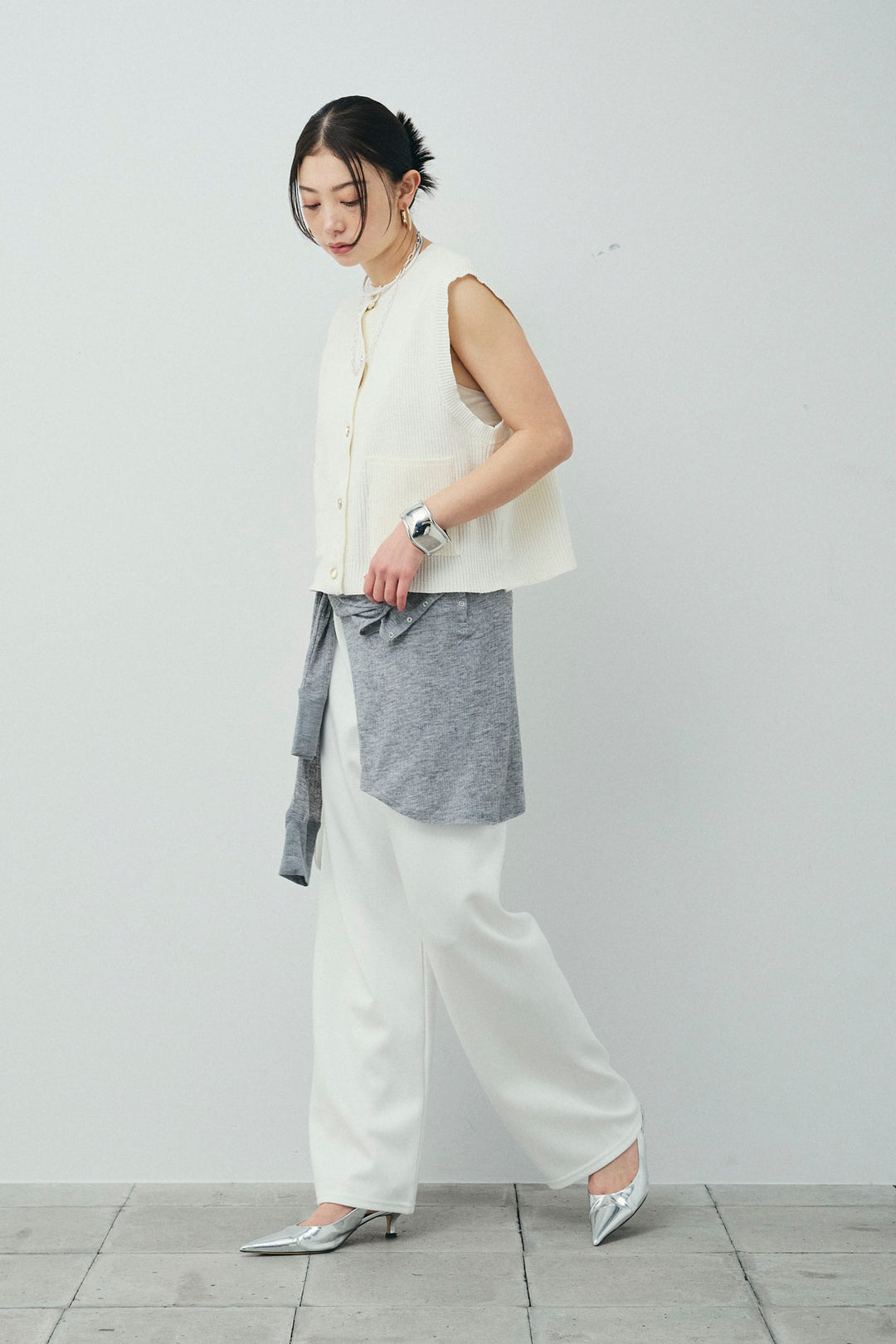 [予約/SET]畦編み金釦ルーズベスト+ストレートスウェットパンツ(2set)